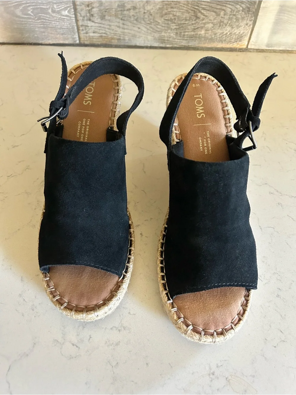 TOMS Monica Black Suede Leather Wedge Espadrille Sandals